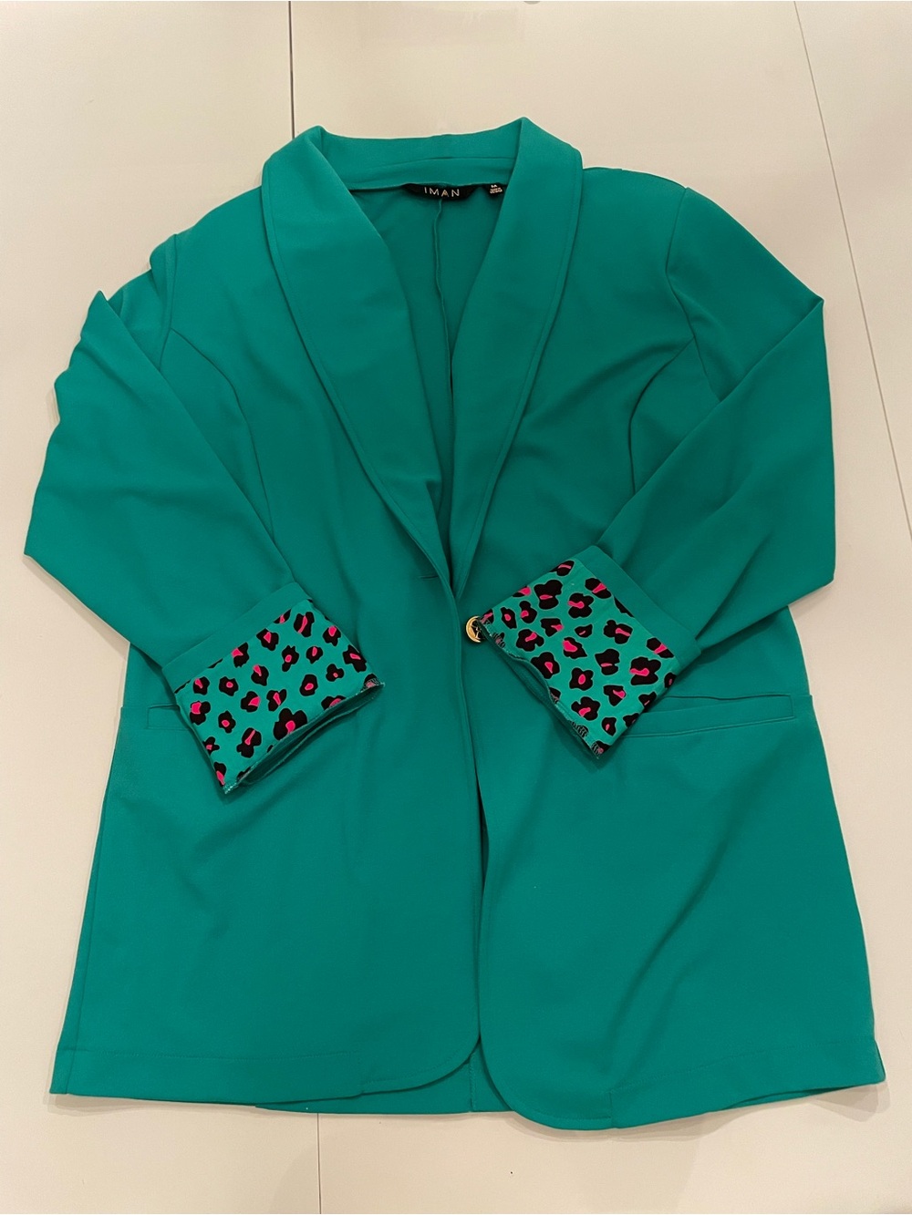 IMAN Teal Open-Front Blazer with Leopard-Print Turnback Cuffs
